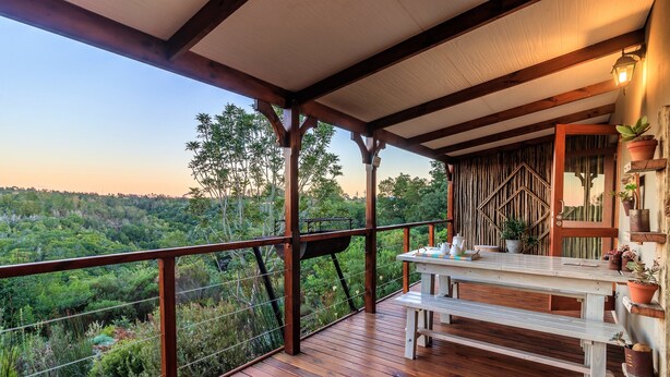 Une terrasse en bois avec une table et des bancs, donnant sur une forêt luxuriante.