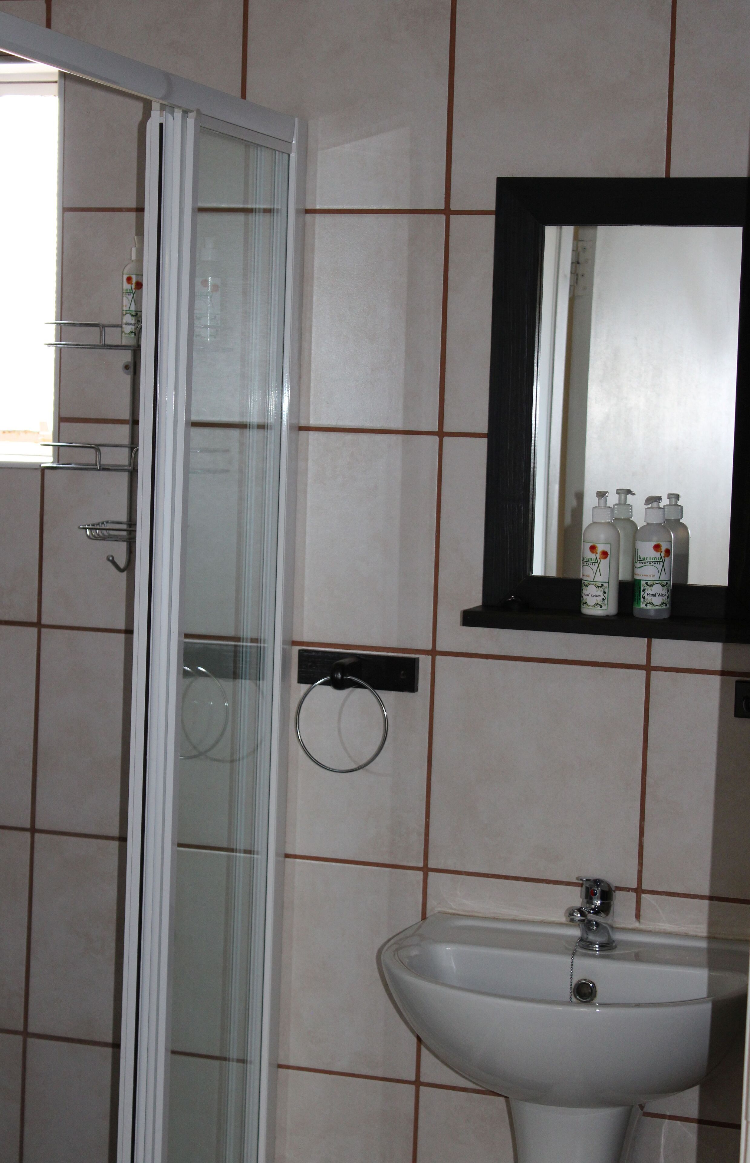 A bathroom with a glass shower door, a sink, and a mirror above it.