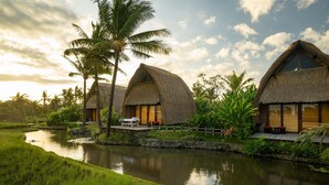 Un resort con cabañas de techo de paja junto a un río tranquilo, rodeado de exuberante vegetación y palmeras.
