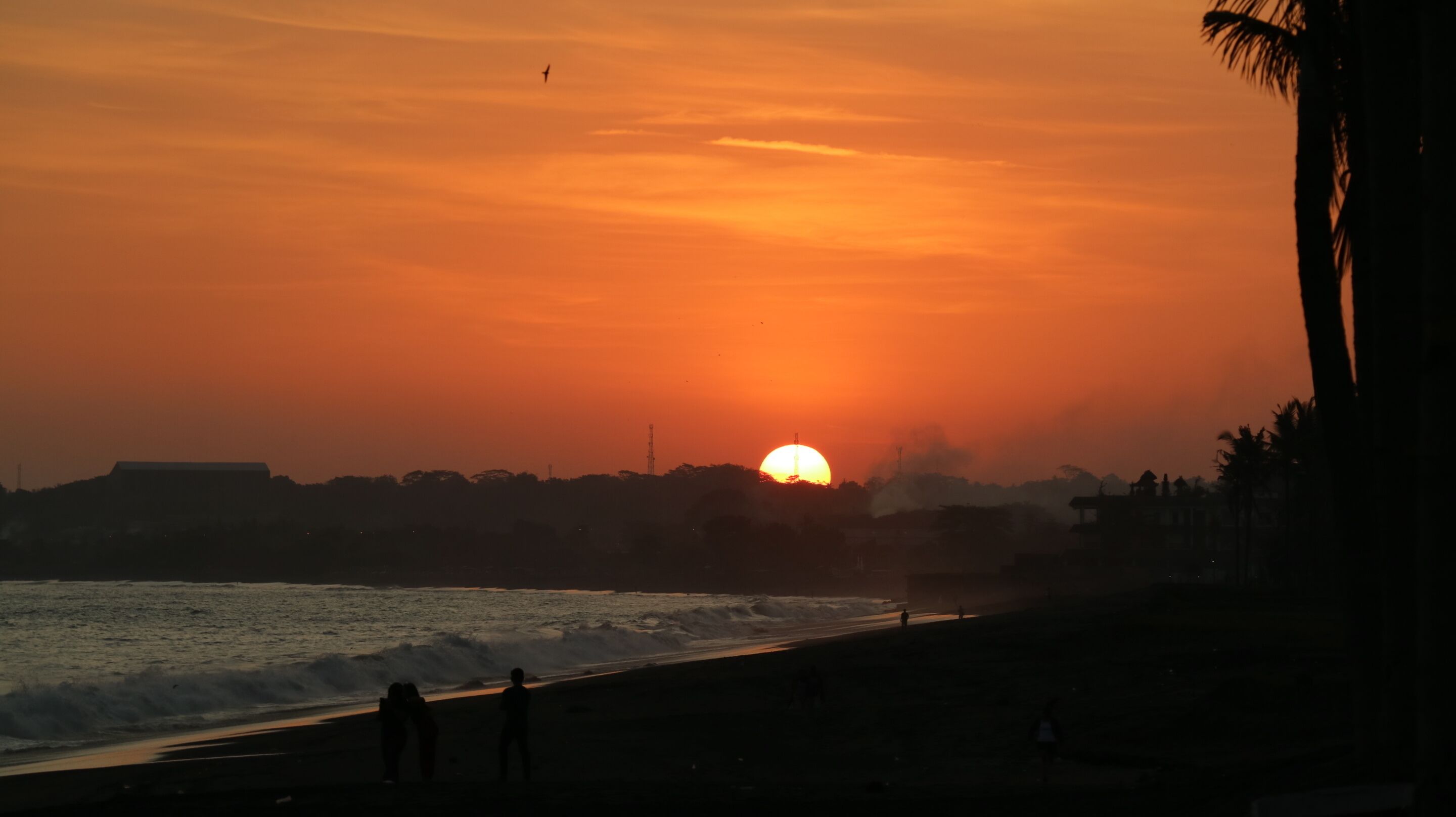 Atardecer sobre una playa con siluetas de palmeras y personas.