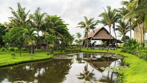 Un jardín tranquilo con un estanque, palmeras y una construcción con techo de paja.