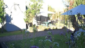 Un jardin avec différentes plantes et fleurs, un bâtiment blanc et une table verte surmontée d’un parasol blanc.