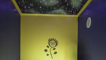 A room with a starry ceiling, a flower decal, a bathtub, and a bottle on the side.