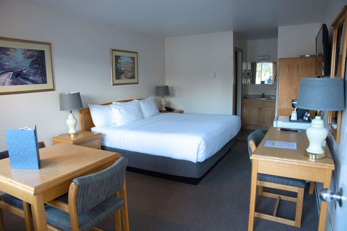 Habitación de hotel con cama, escritorio, silla, lámpara, espejo y un cuadro en la pared.