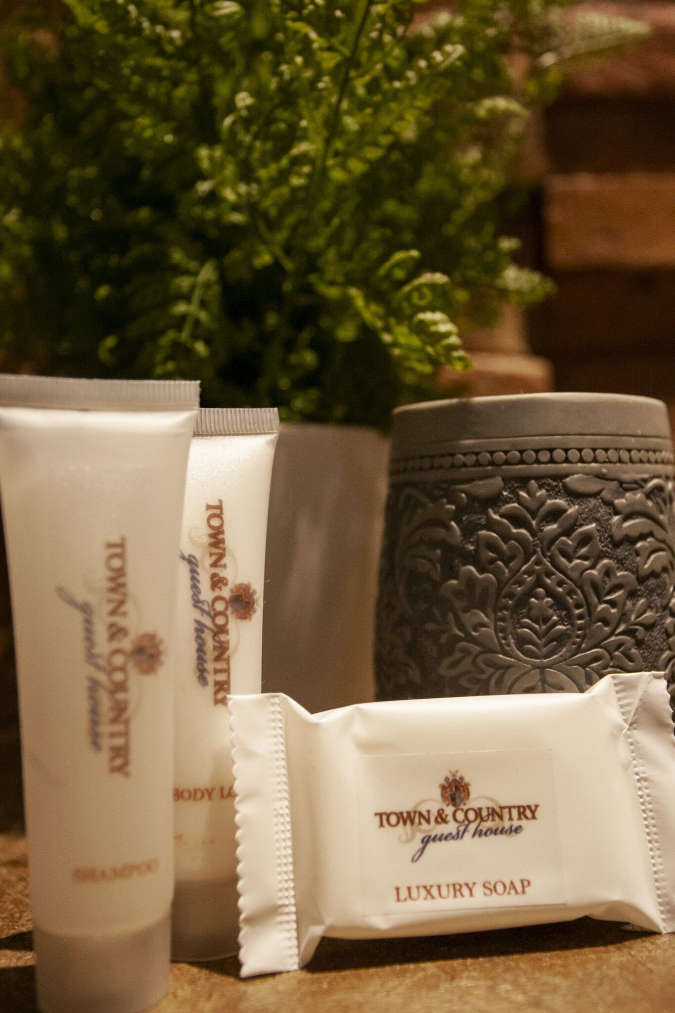 Toiletries including a shampoo tube, body lotion, and luxury soap.