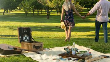 A picnic setup with a guitar, picnic basket, and food on a blanket in a grassy area.