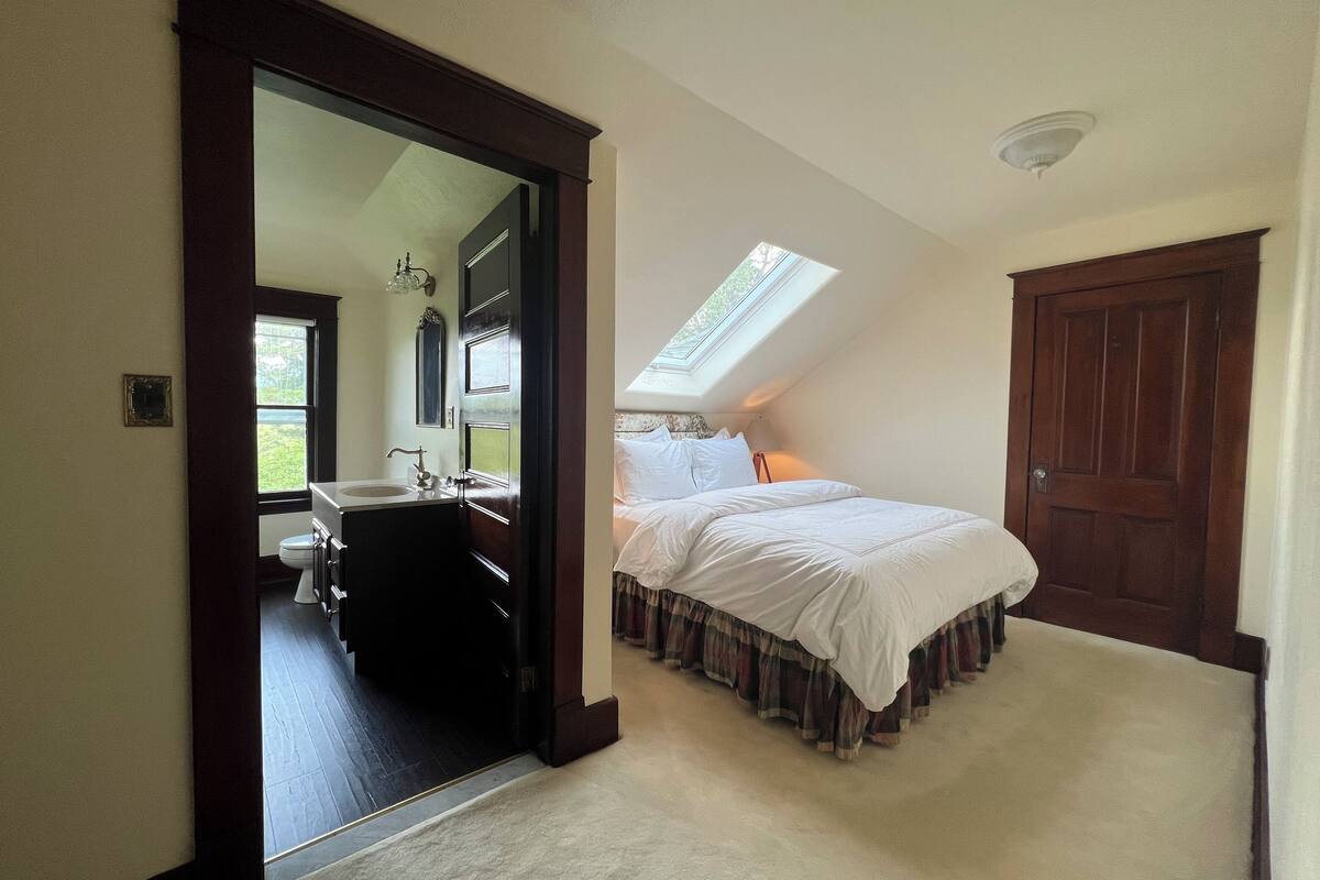 A bedroom with a skylight, a large bed, and a bathroom with a vanity and sink.