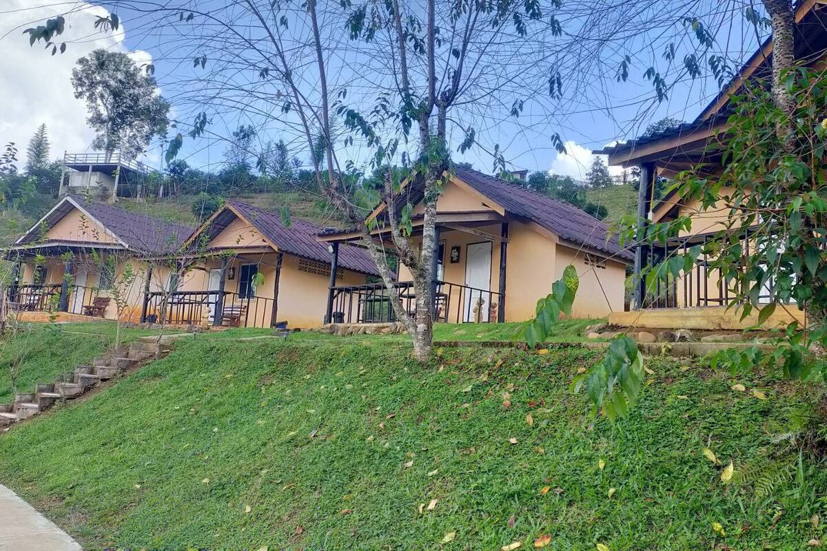 A row of small, single-story houses with sloped roofs, surrounded by lush greenery and a clear sky.