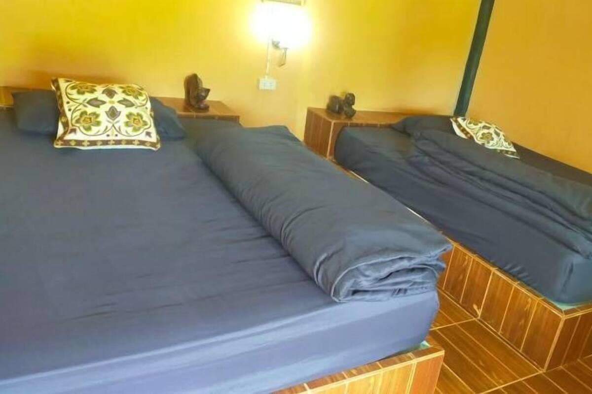A room with two beds, each with a dark blue mattress and a patterned pillow.
