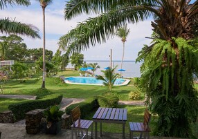 Zona de piscina con vista al mar, rodeada de palmeras y follaje.