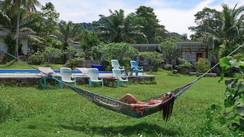 Outdoor pool, pool umbrellas, pool loungers