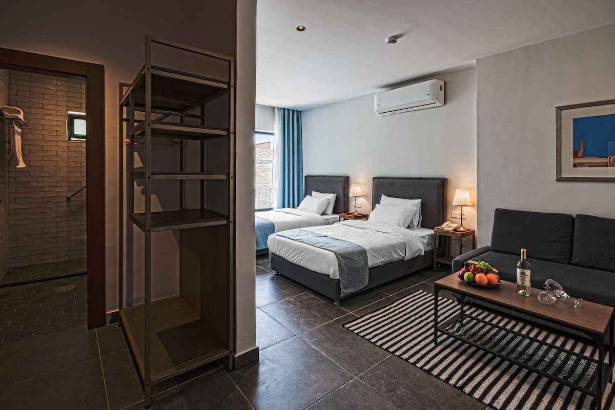 Quarto de hotel com chuveiro, duas camas, um sofá, uma mesa de centro com frutas e uma garrafa, e um quadro na parede.