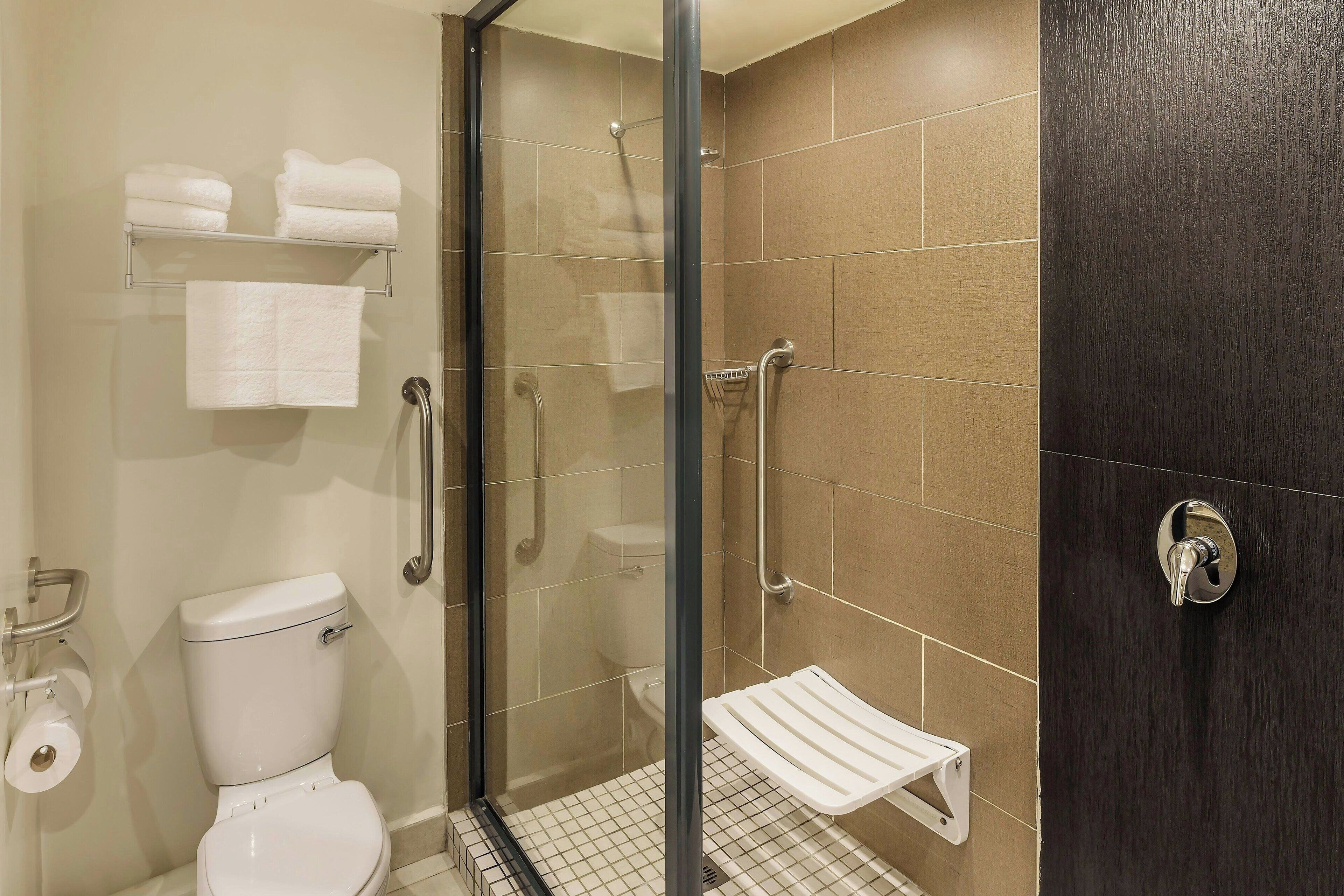 A bathroom with a glass-enclosed shower, a toilet, and a white sink with a towel rack above.