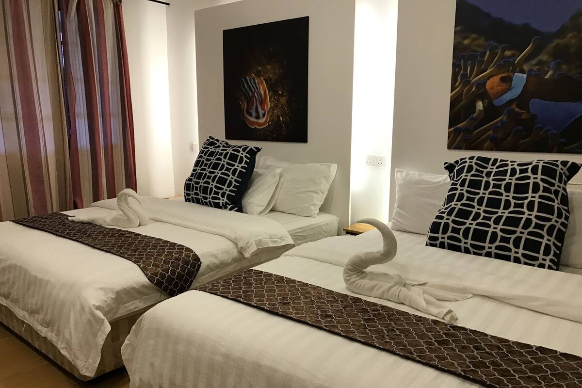 Une chambre d’hôtel avec deux lits, chacun agrémenté de draps blancs et d’une couvre-lit à motifs. Un rideau à rayures se trouve d’un côté, et un tableau est accroché au mur.