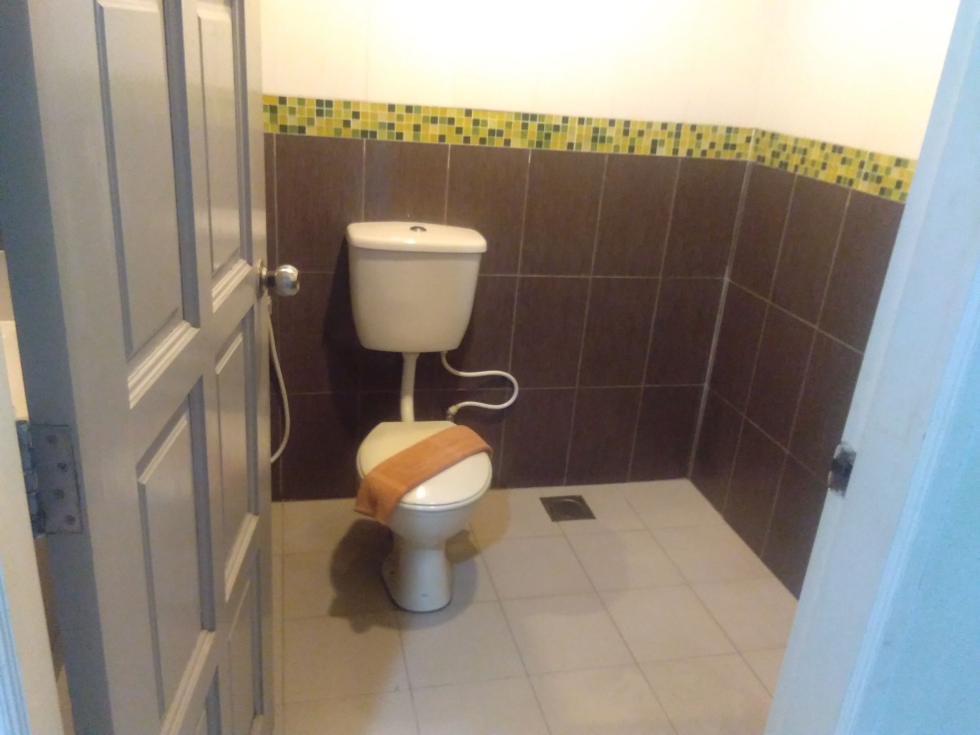 A small bathroom with a toilet, a tiled wall, and a door.