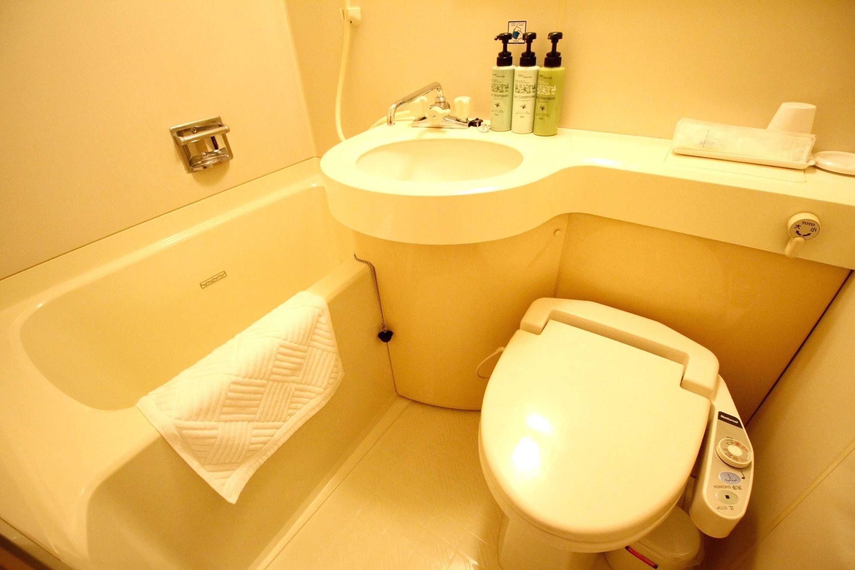 combined shower/bathtub, free toiletries, hair dryer, bathrobes