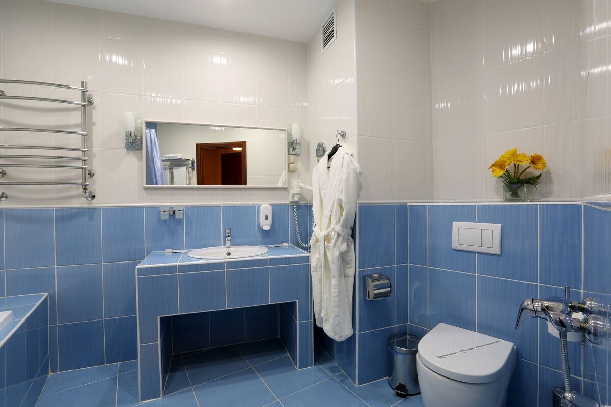 A bathroom with a sink, mirror, towel rack, toilet, and a shower.