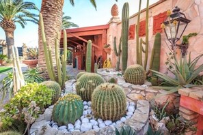 Un jardín con diversos cactus y suculentas, un camino de piedra y un edificio con techo rojo y paredes de piedra.