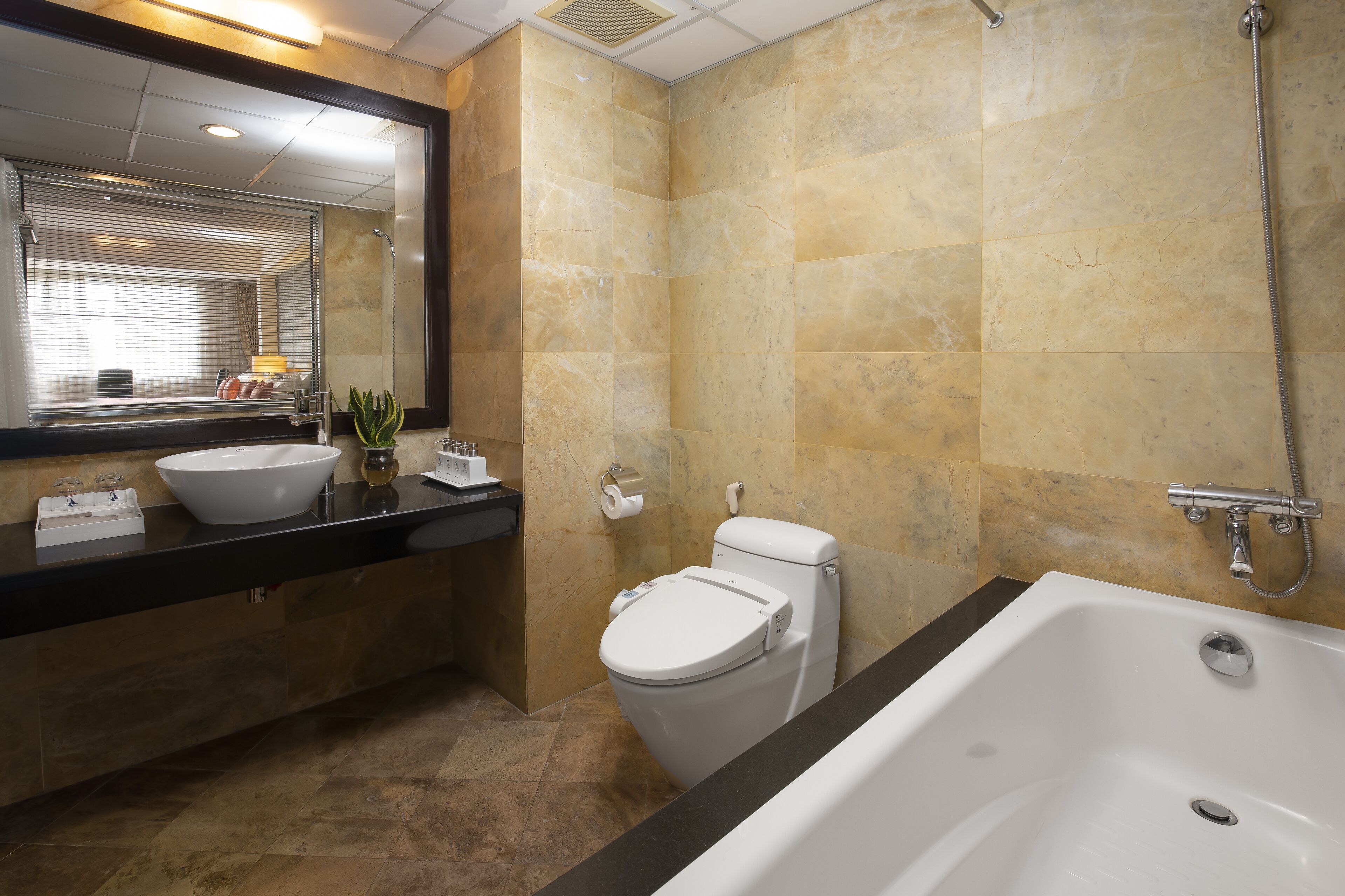 free toiletries, hair dryer, slippers, towels