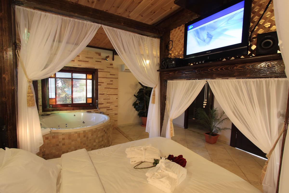 A bedroom with a large bed, a TV, a bathtub, and a potted plant.