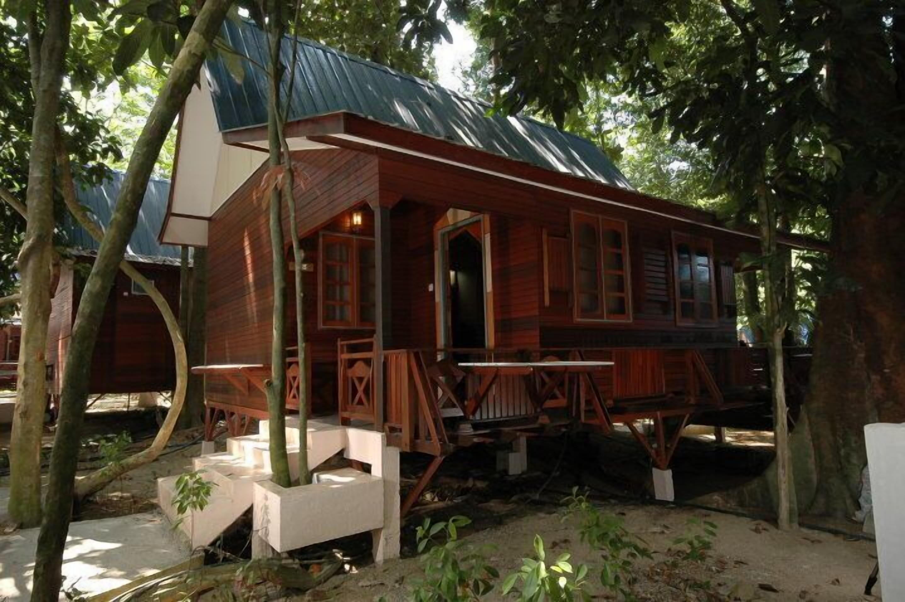 A wooden cabin with a metal roof, surrounded by trees.