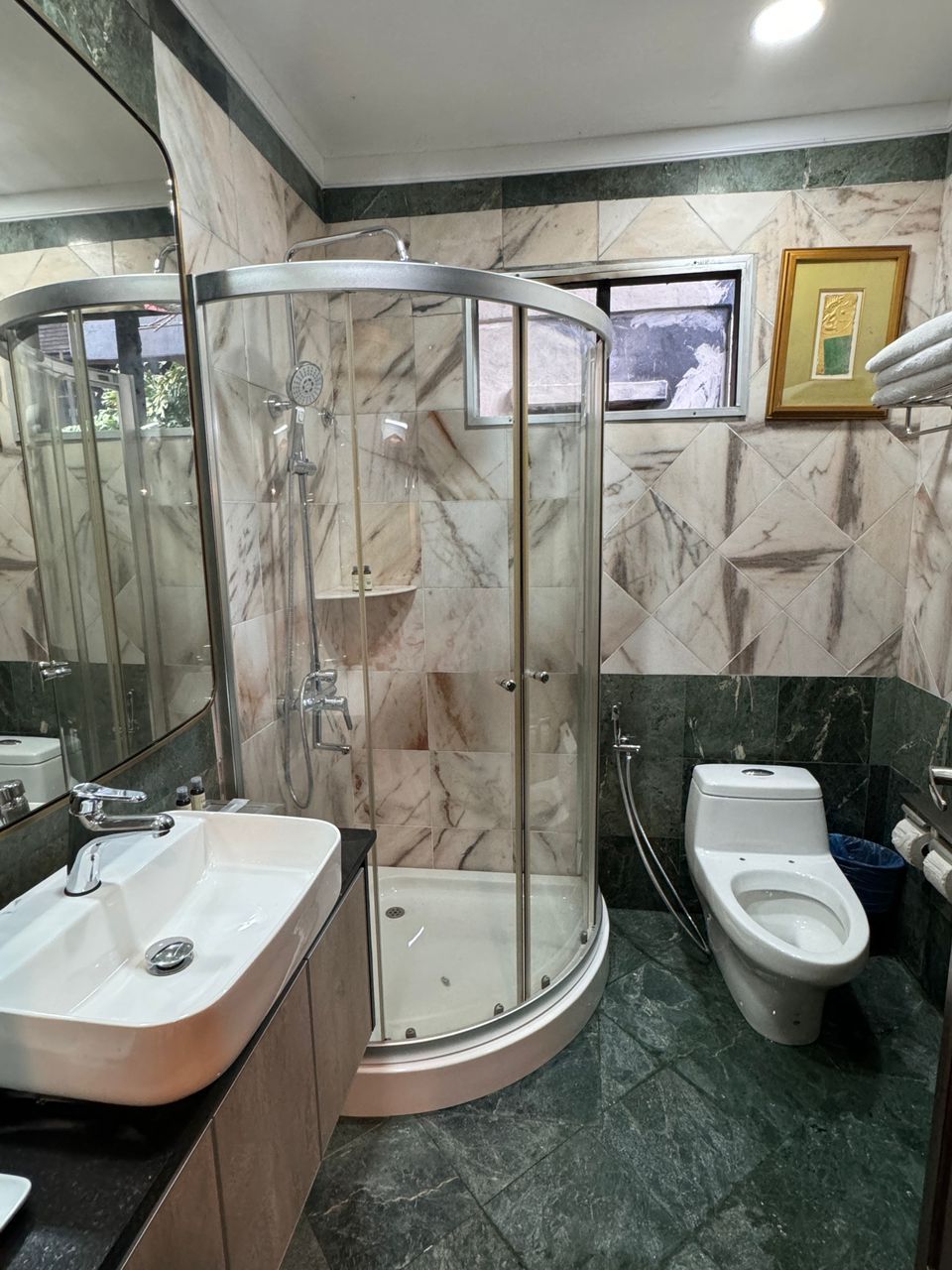 Une salle de bain avec une douche à parois de verre, un lavabo et des toilettes.