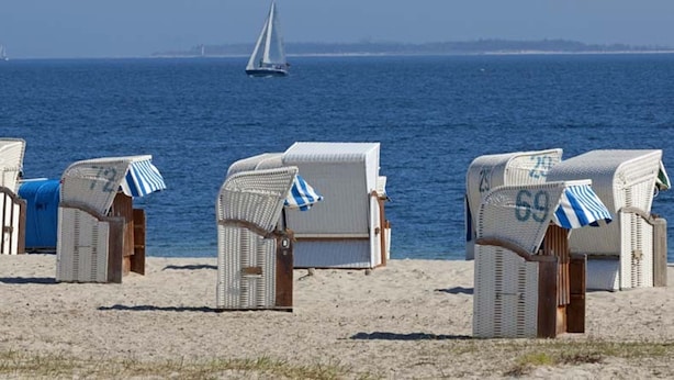 Beach chairs with numbers, a sailboat in the distance, and a clear view of the sea.