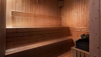 A wooden sauna with benches and a small heater.