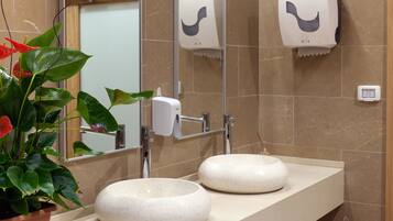 A bathroom with two round sinks, a mirror, a soap dispenser, and a potted plant with red flowers.
