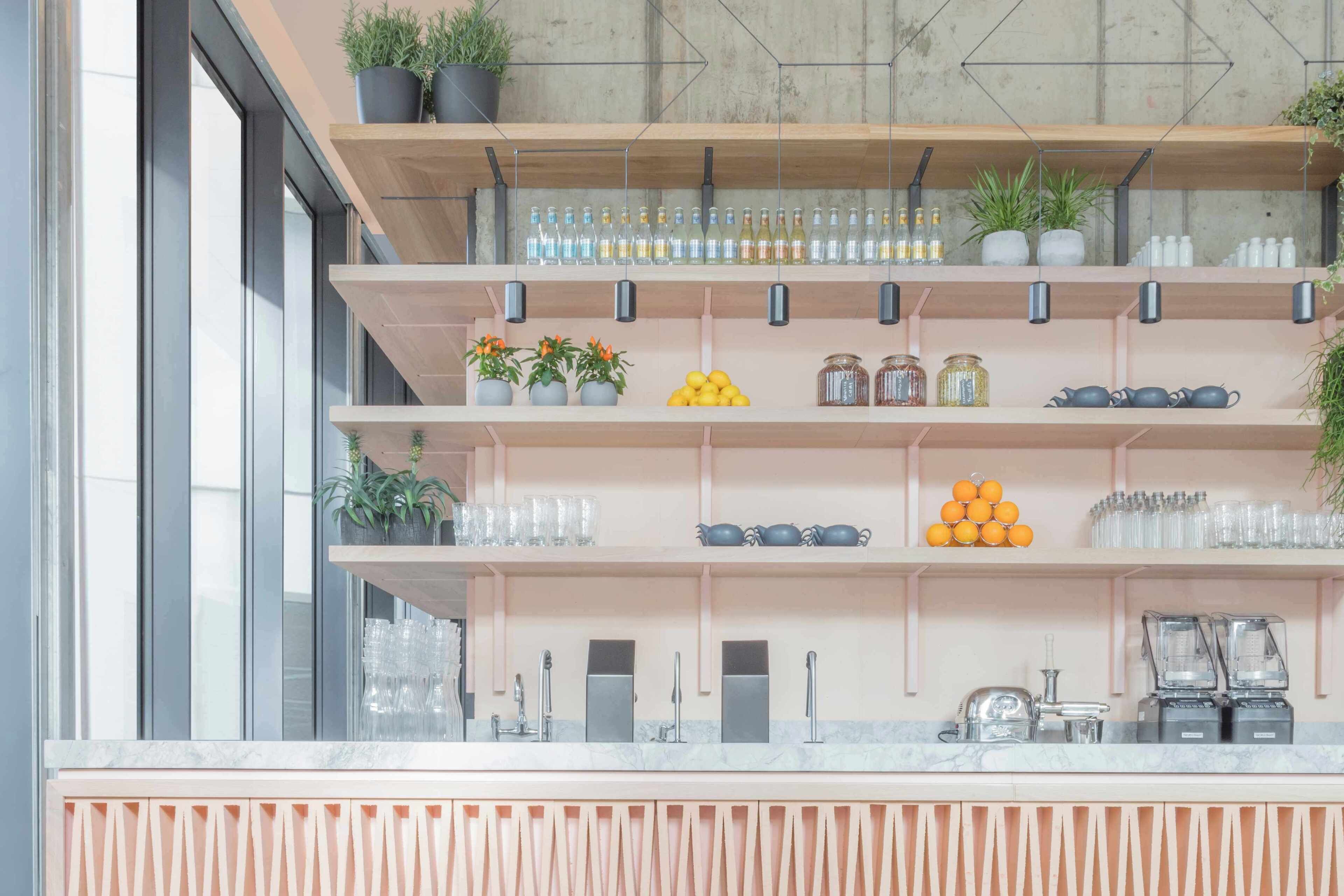 A bar area with shelves of bottles, glasses, and plants.