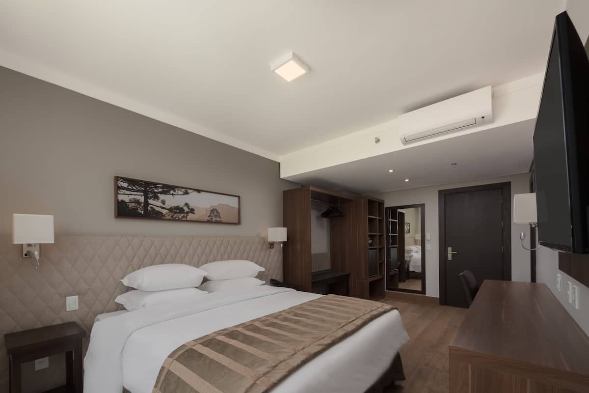 Habitación de hotel con cama, mesitas de noche, escritorio, espejo y armario.