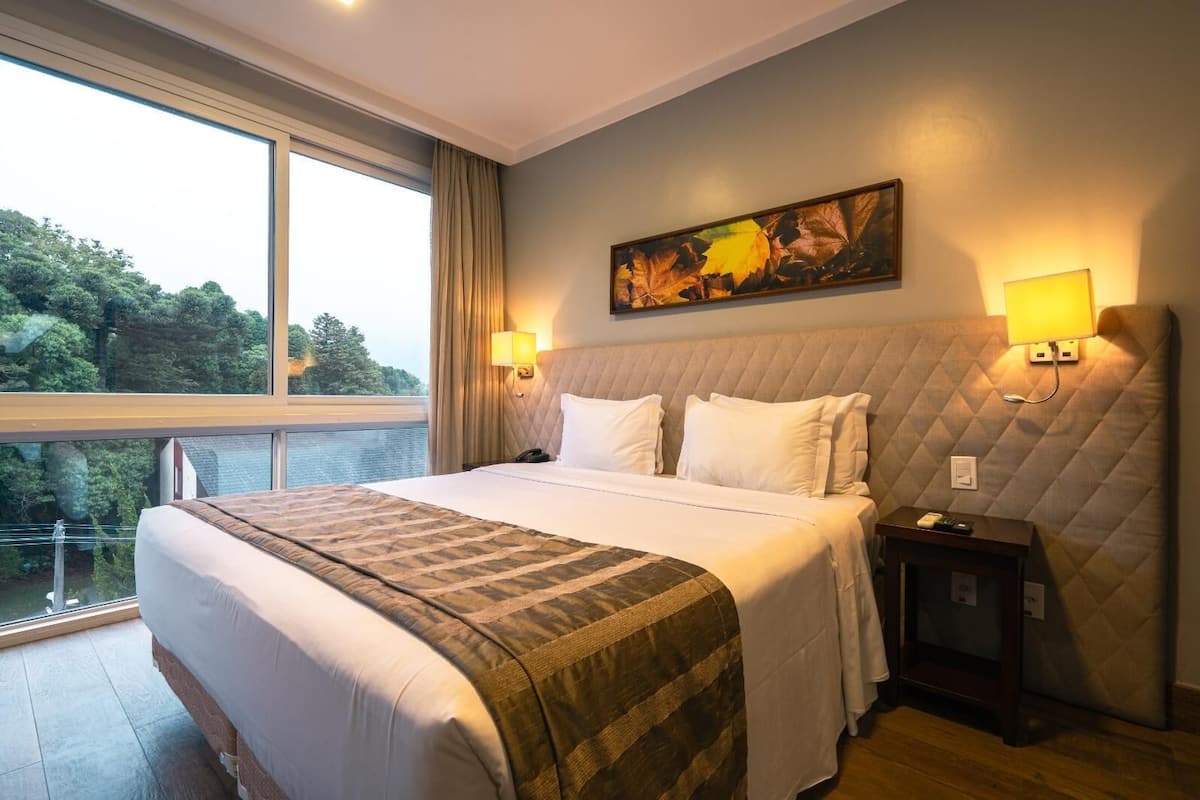 Habitación de hotel con una cama grande, dos lámparas de noche, un cuadro en la pared y vistas a árboles por la ventana.