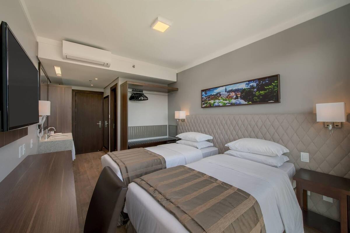 Habitación de hotel con dos camas, un escritorio, un televisor, un cuadro y un armario.