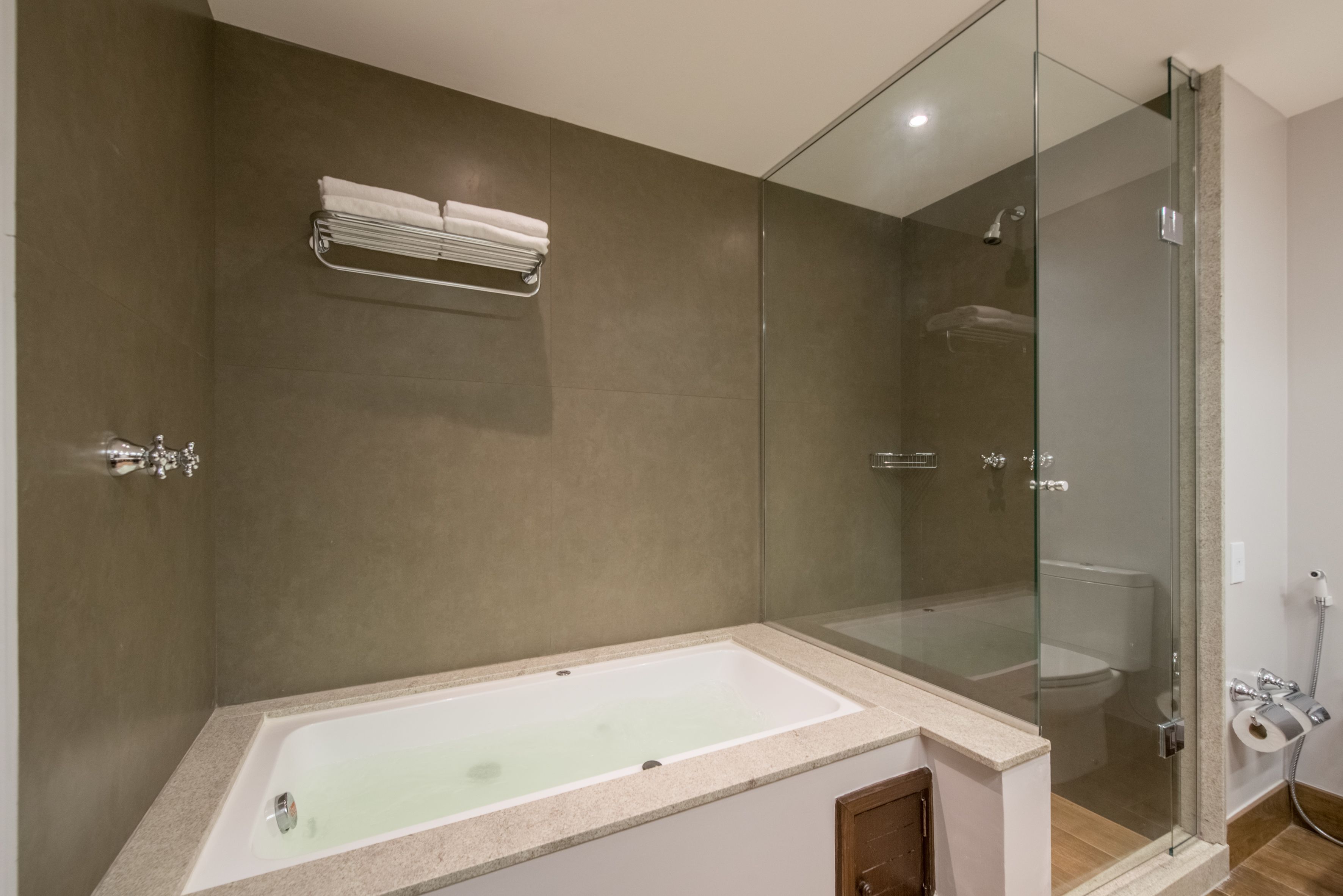 A modern bathroom with a freestanding bathtub, a glass-enclosed shower, and a towel rack on the wall.