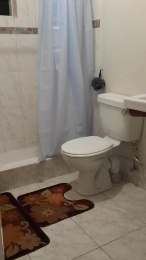 A bathroom with a toilet, a shower curtain, and a patterned rug. - Haven House Apartments (Oistins)