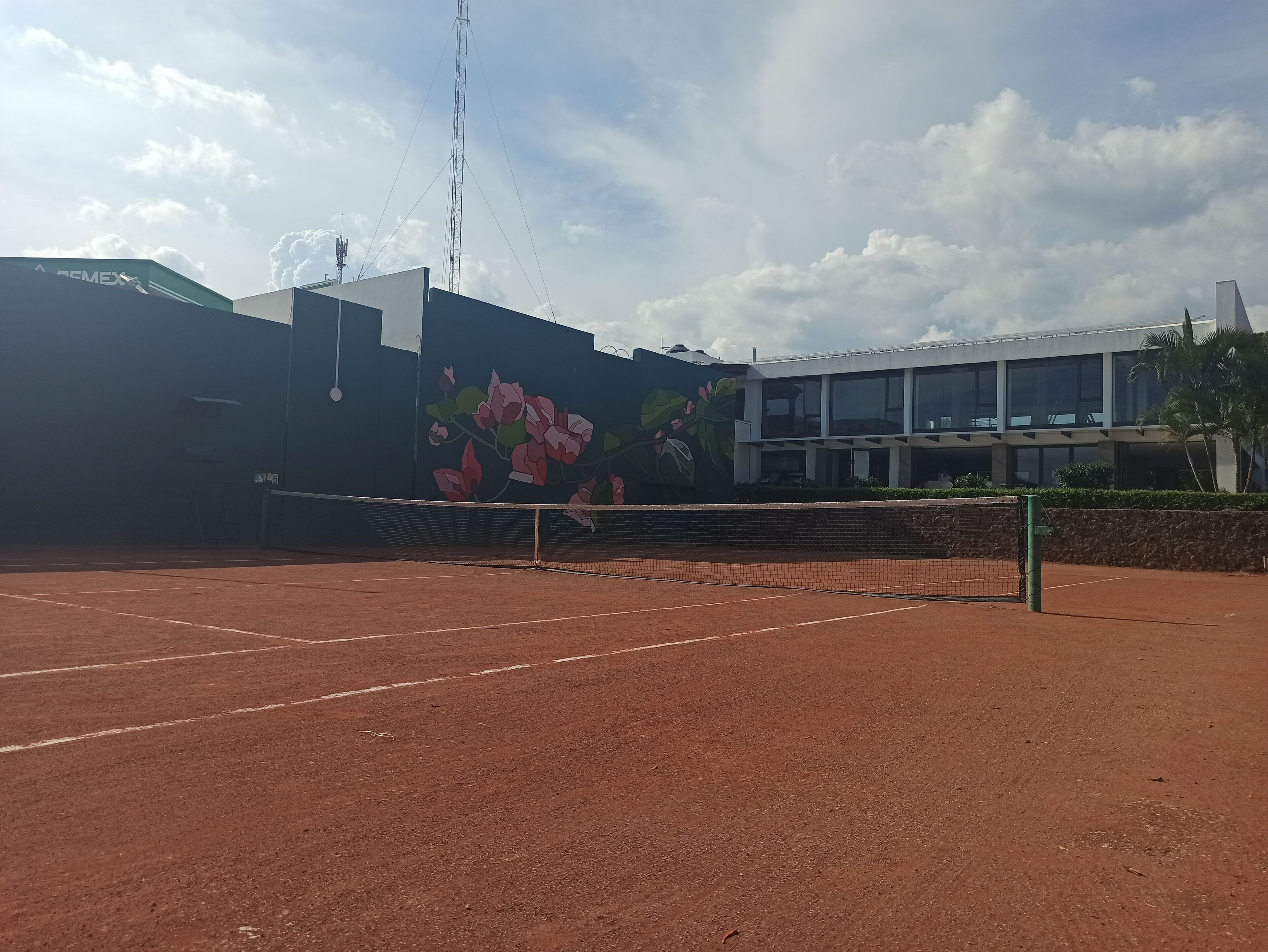 Una cancha de tenis con una red, rodeada por un edificio con un mural de flores.