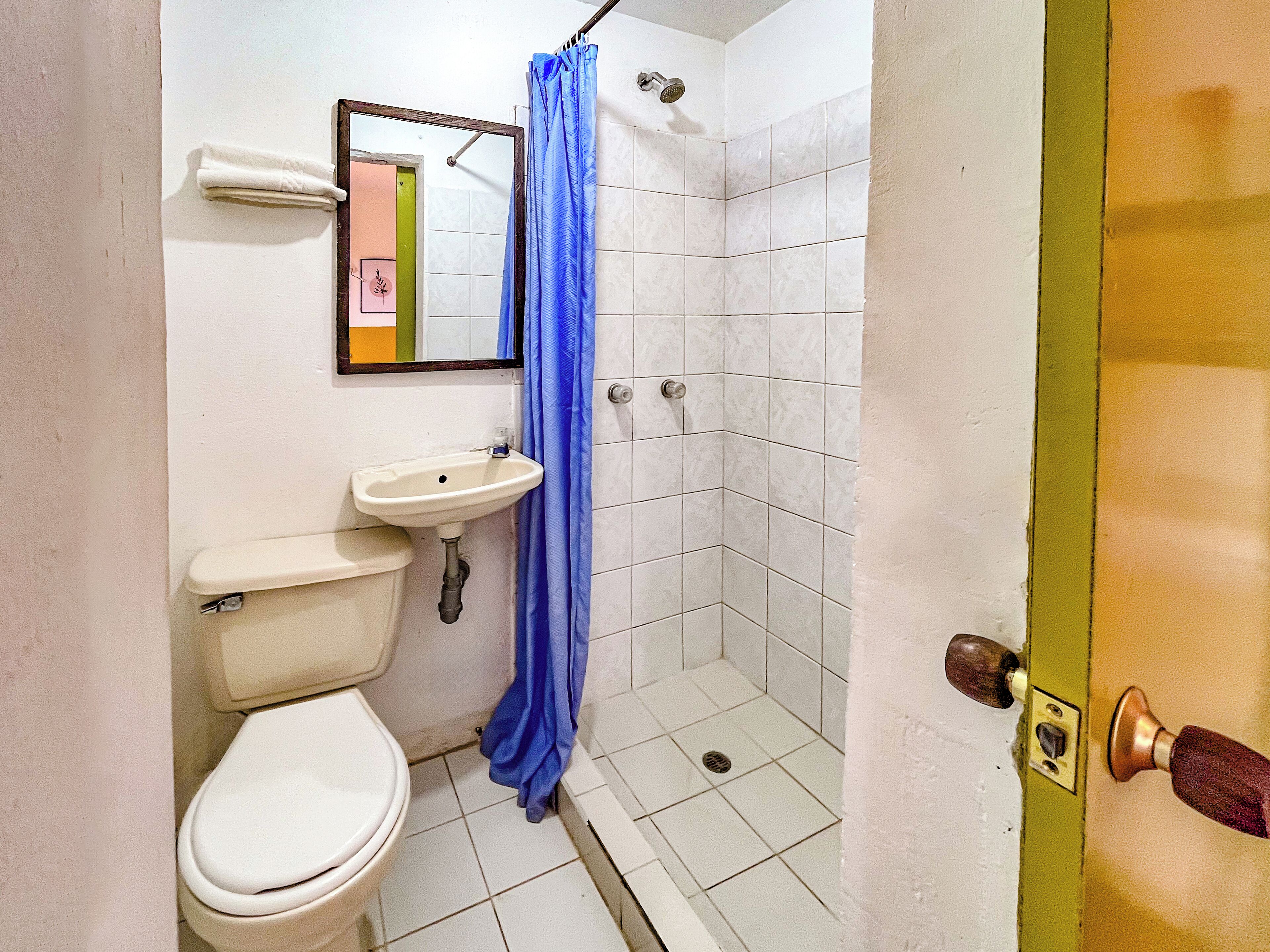 A small bathroom with a toilet, sink, and shower.
