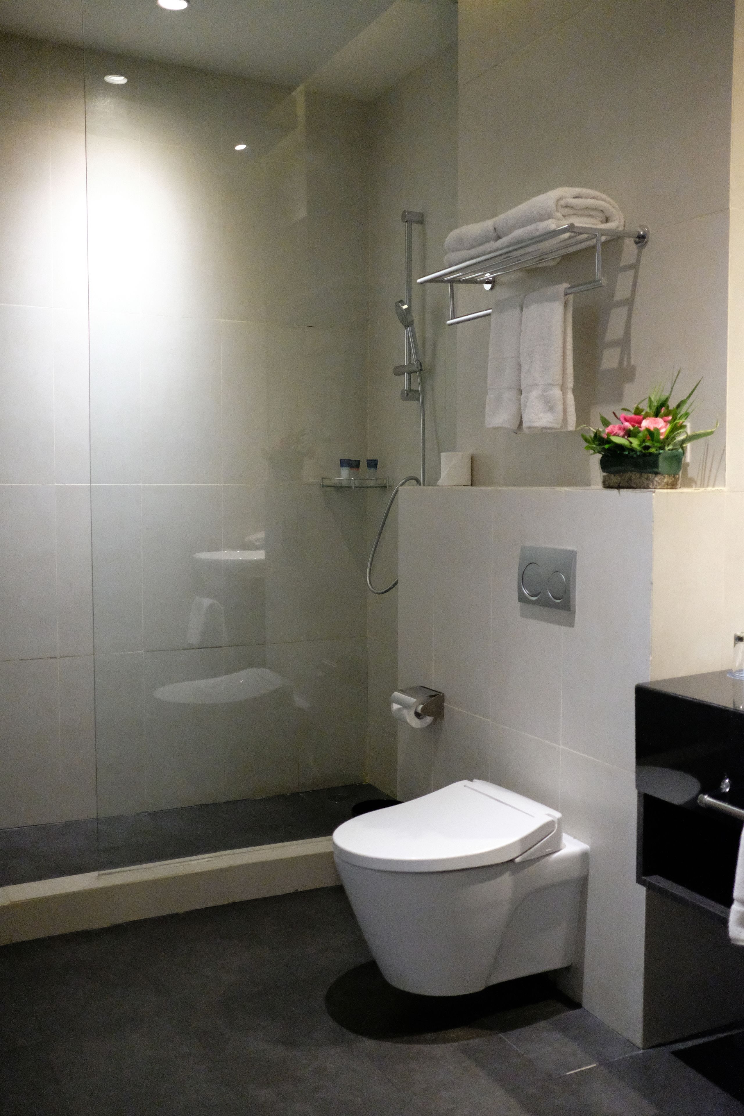 shower, free toiletries, hair dryer, slippers