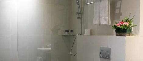 Un baño moderno con ducha de vidrio, inodoro blanco, toallero y una pequeña planta.