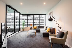 2 Bedroom 1 Bath Standard Apartment | Living area | 45-inch flat-screen TV with digital channels, TV - Melbourne Holiday Apartments Flinders Wharf (Docklands)