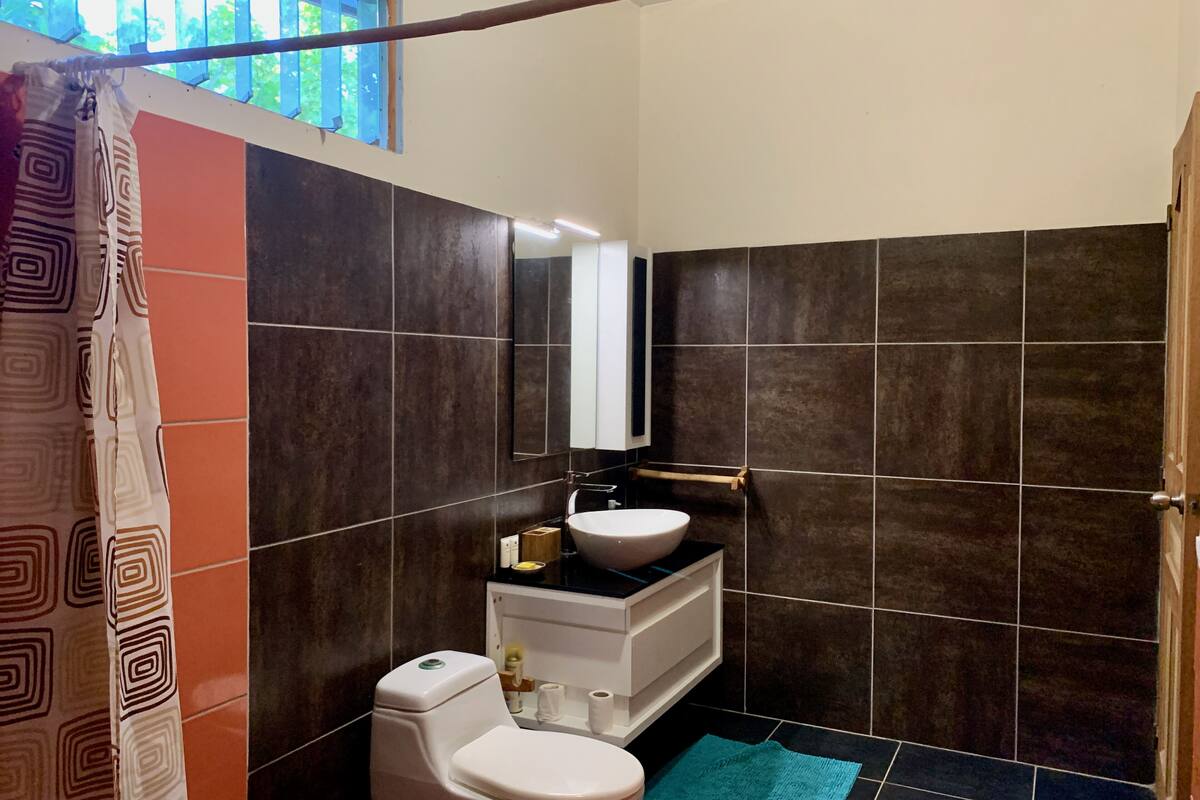 family room | bathroom | shower, hair dryer, towels, soap