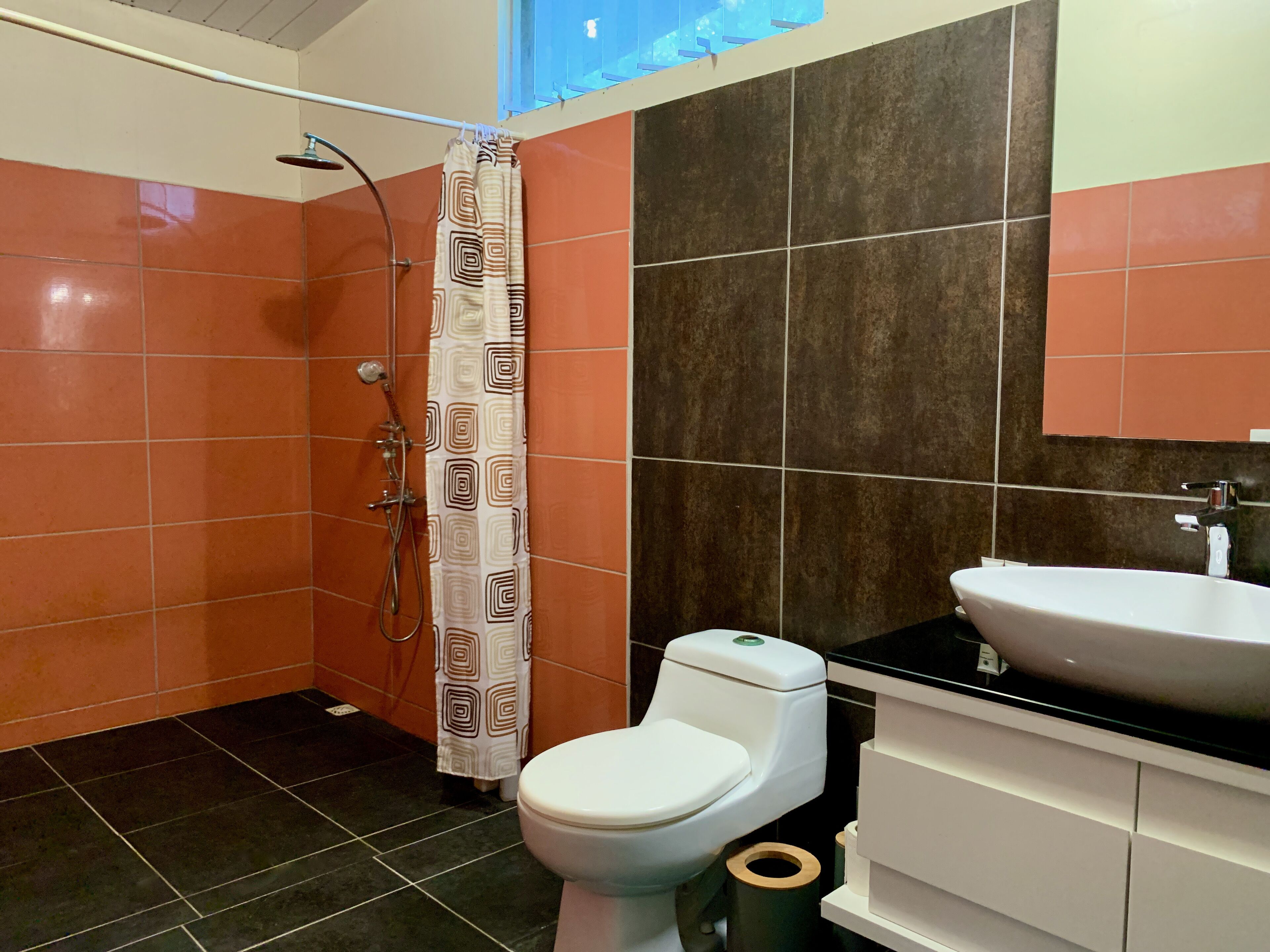 family room | bathroom | shower, hair dryer, towels, soap