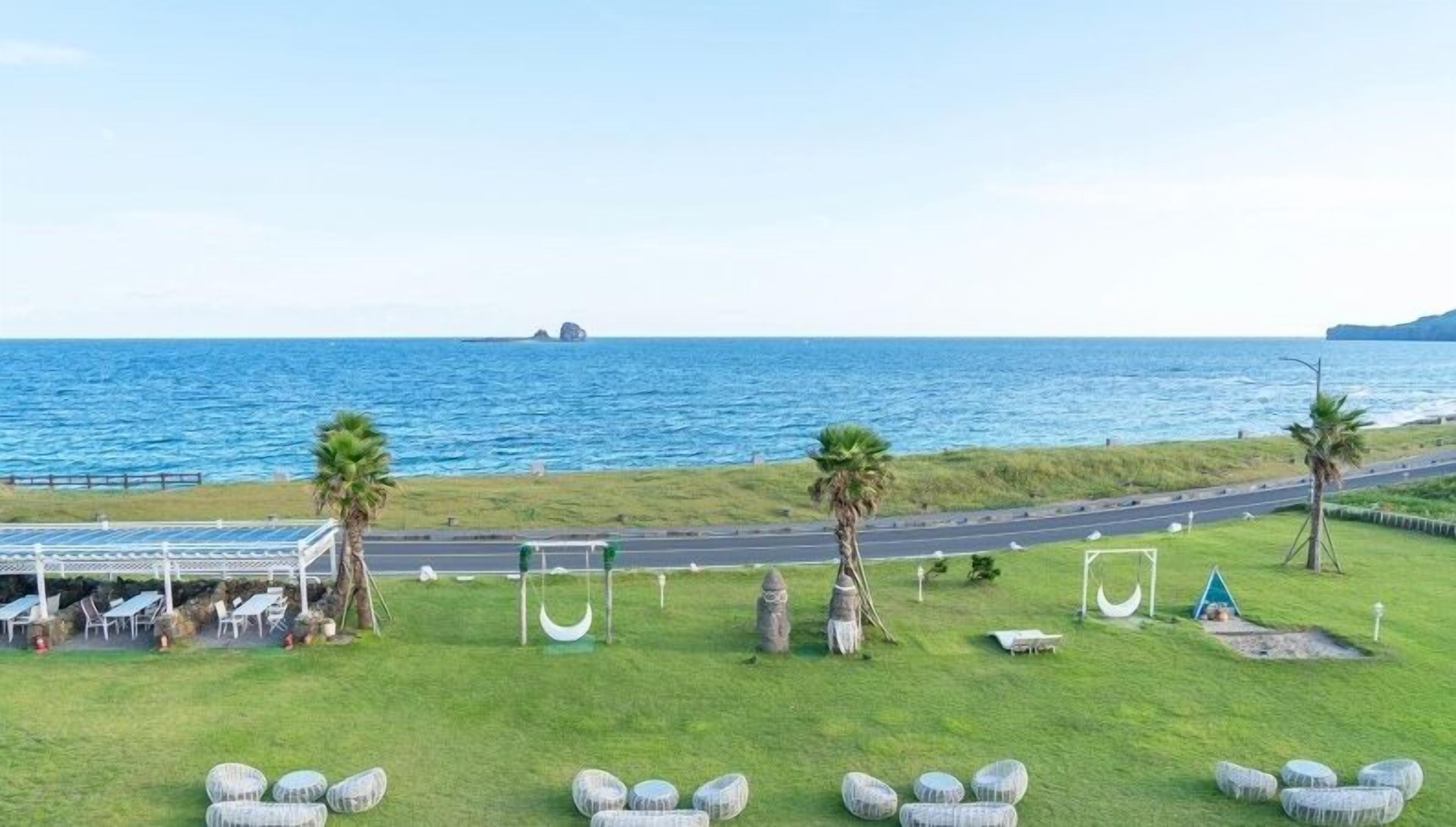 A coastal view with a grassy area, palm trees, and a road.