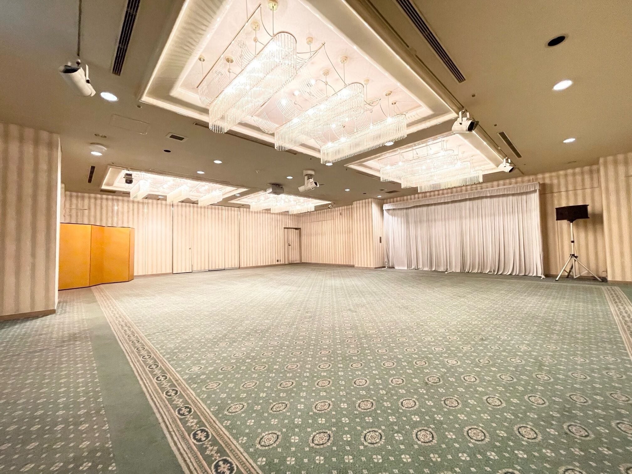 Una sala amplia alfombrada con piso estampado, un candelabro y un soporte para proyector.