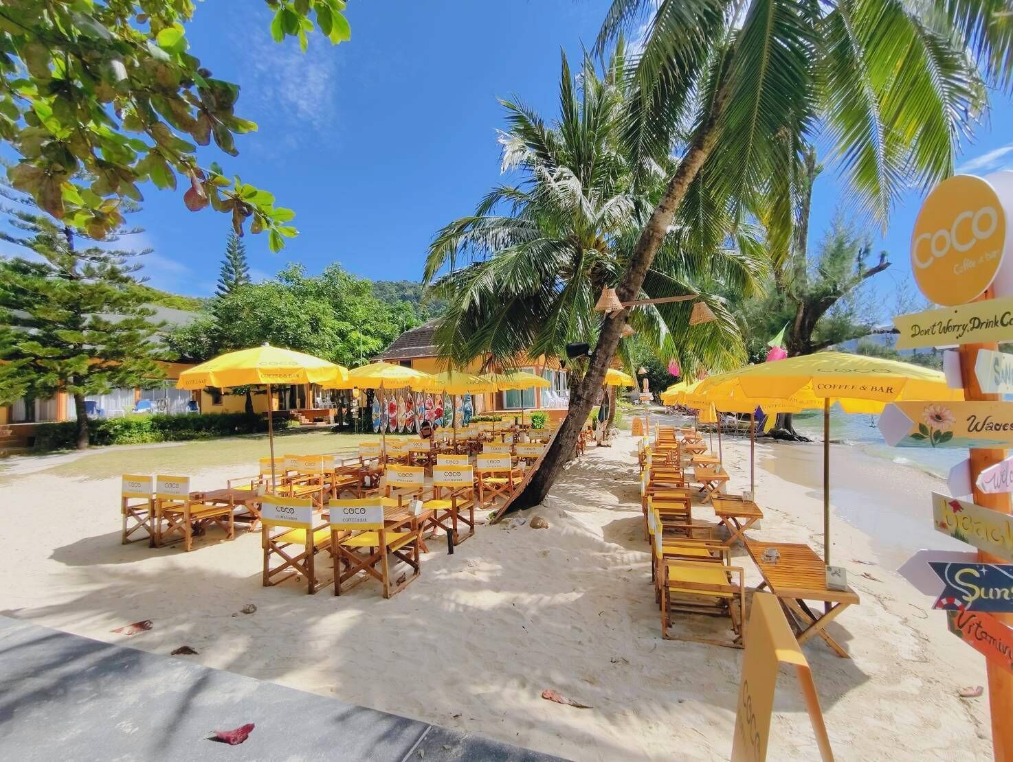 A beachside café with outdoor seating under yellow umbrellas, surrounded by palm trees and a clear blue sky.