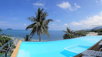 Outdoor pool, a rooftop pool, pool loungers