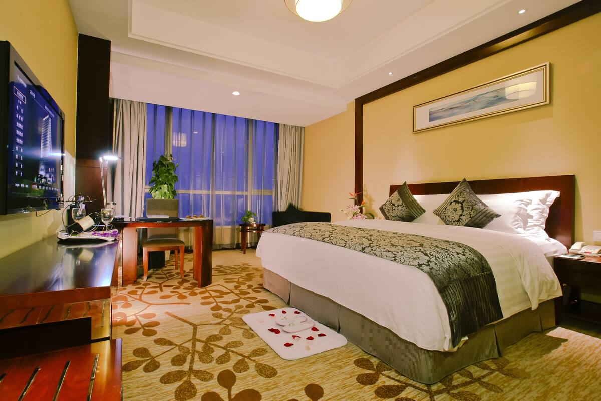 Habitación de hotel con cama, escritorio con televisor, silla, planta y ventana con cortinas.