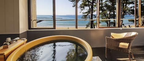 Ocean View Japanese Western Twin Room with Semi-Open-Air Bath, Non Smoking | Bathroom | Separate bathtub and shower, free toiletries, electronic bidet, towels