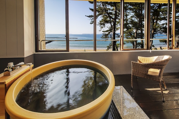 Ocean View Japanese Western Twin Room with Semi-Open-Air Bath, Non Smoking | Bathroom | Separate tub and shower, free toiletries, electronic bidet, towels
