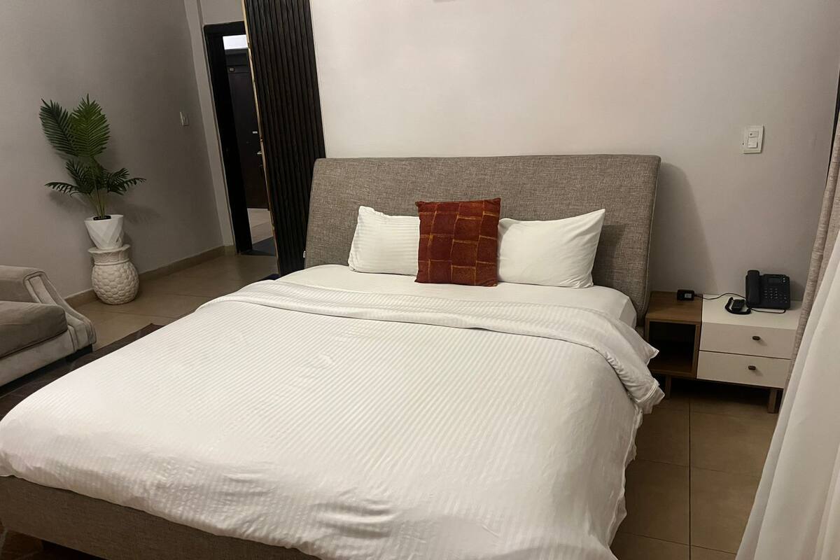 A neatly made bed with white bedding, a grey headboard, and a brown decorative pillow. There is a bedside table with a phone and a small lamp. A potted plant is visible in the corner.